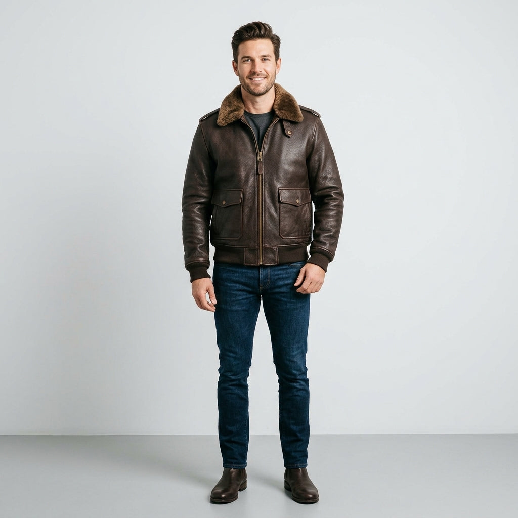 Men's Brown Leather V Bomber Jacket – Shearling Collar Flight Style