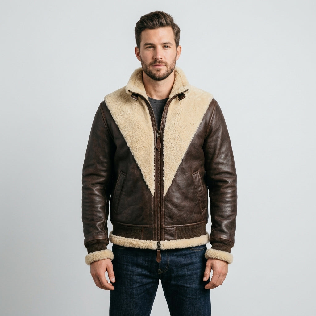 Men's B-V Brown Shearling Leather Bomber Jacket