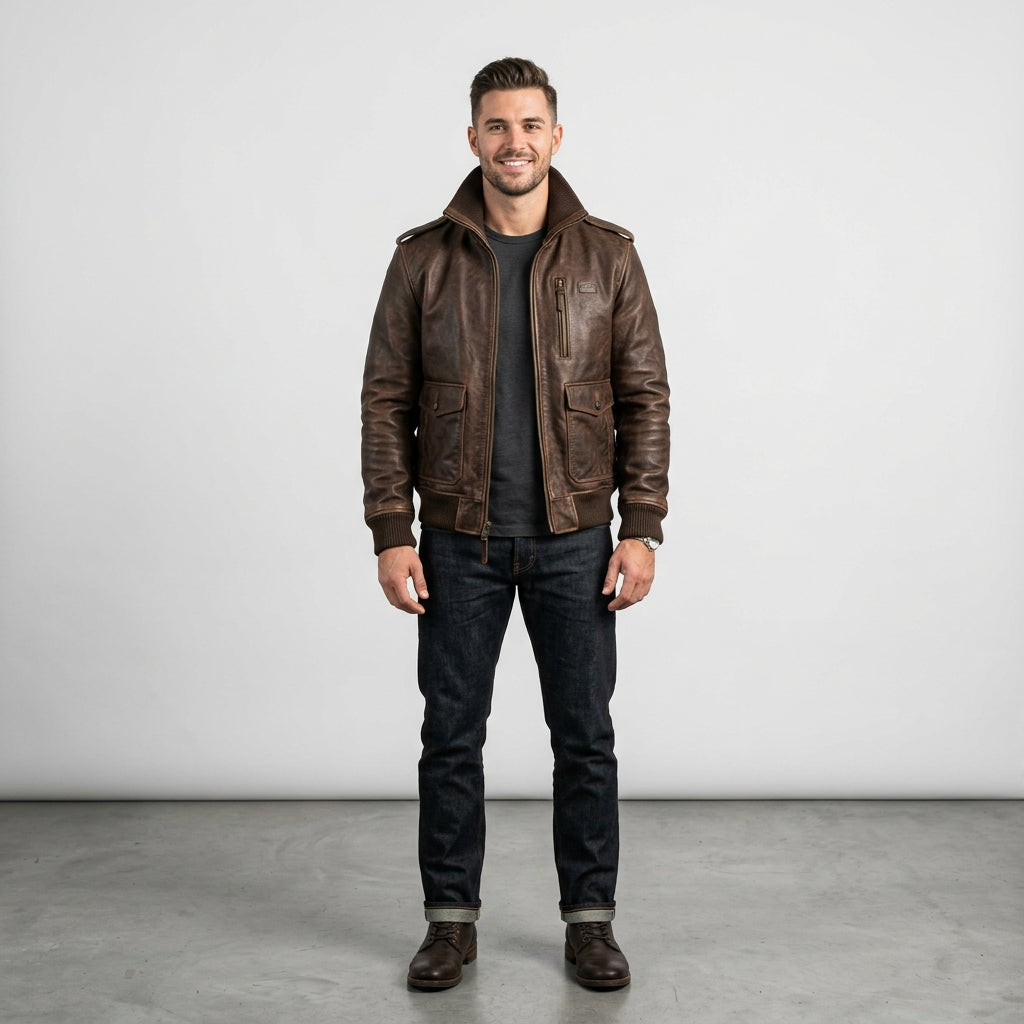 Men's Distressed Brown A-2 Leather Flight Jacket