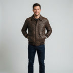 Men's Distressed V Brown Leather Bomber Jacket
