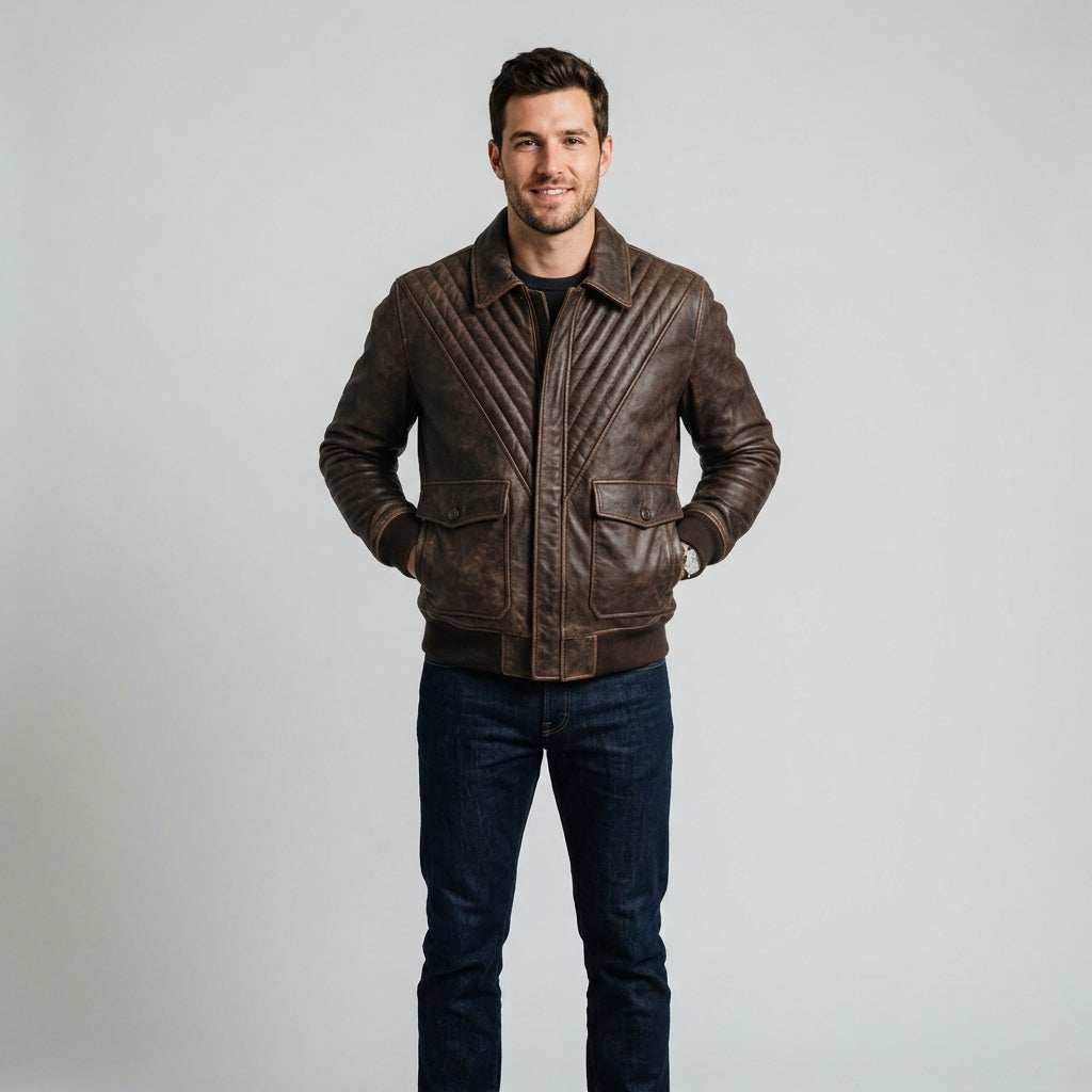 Men's Distressed V Brown Leather Bomber Jacket