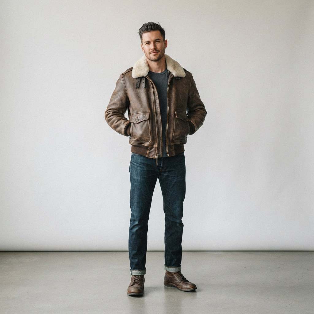 Men's Brown Leather Aviator Bomber Jacket – Classic Flight Style