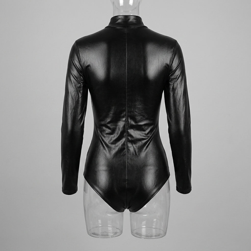 Long Sleeve Leather Zip-Up Romper for Women