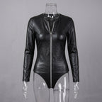 Long Sleeve Leather Zip-Up Romper for Women