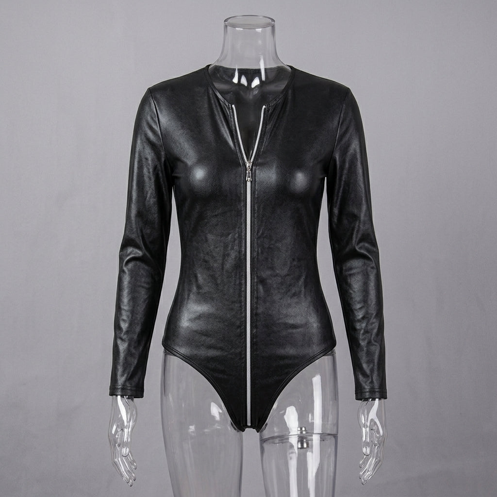 Long Sleeve Leather Zip-Up Romper for Women