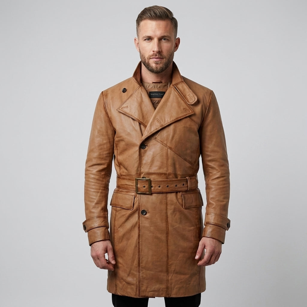 Royal Men's Tan Brown Leather Double-Breasted Trench Coat