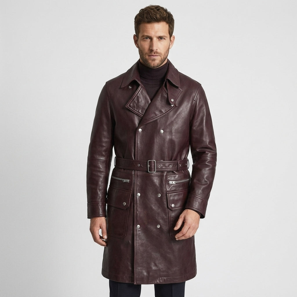 Men's Belted Leather Trench Coat