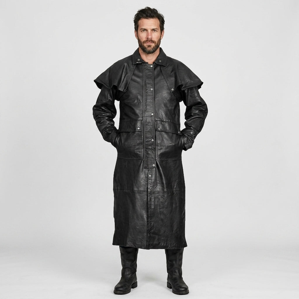 Men's Black Leather Trench Duster Coat with Removable Cape