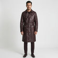 Men's Burgundy Double-Breasted Belted Leather Trench Coat