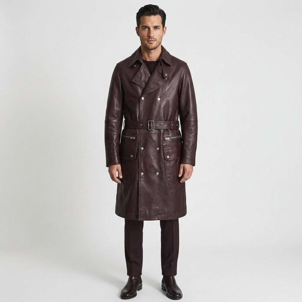 Men's Burgundy Double-Breasted Belted Leather Trench Coat