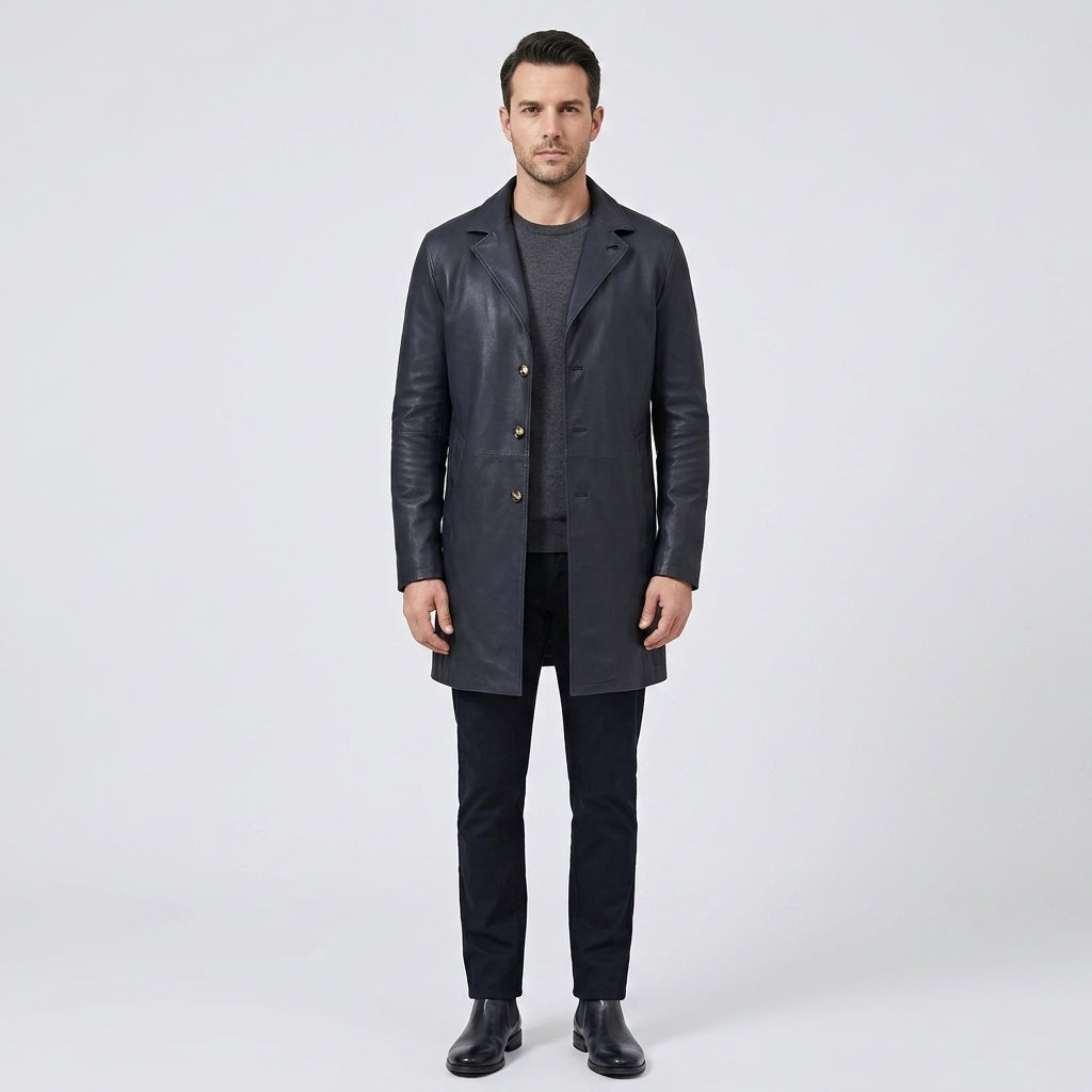 Men's Navy Blue Lambskin Leather Car Coat