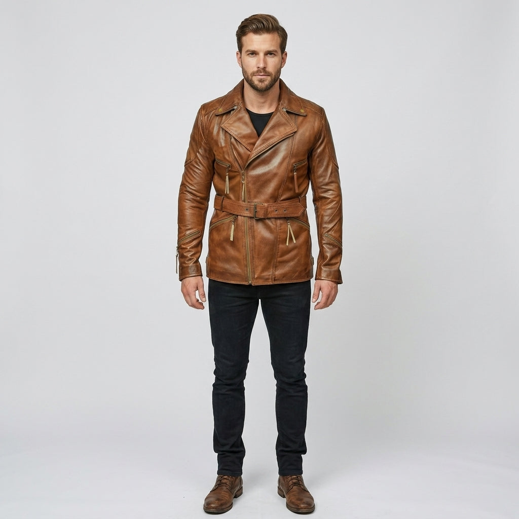 Men's Black Genuine Leather Trench Coat