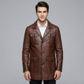 Men's Black Leather Blazer Four-Button Genuine Leather Trench Coat