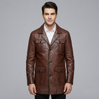 Men's Black Leather Blazer Four-Button Genuine Leather Trench Coat
