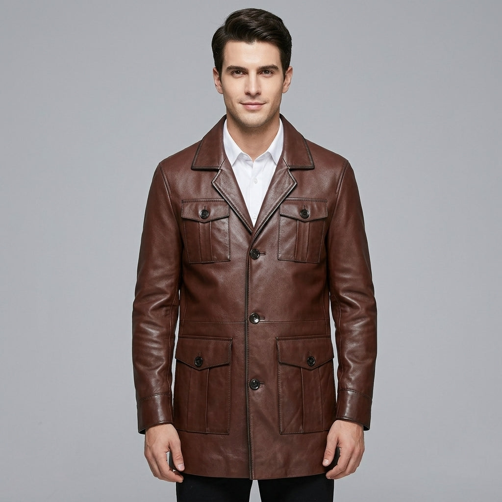 Men's Black Leather Blazer Four-Button Genuine Leather Trench Coat