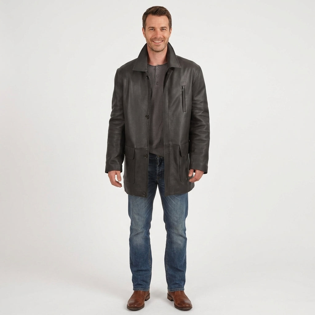 Men's Black Leather Trench Coat