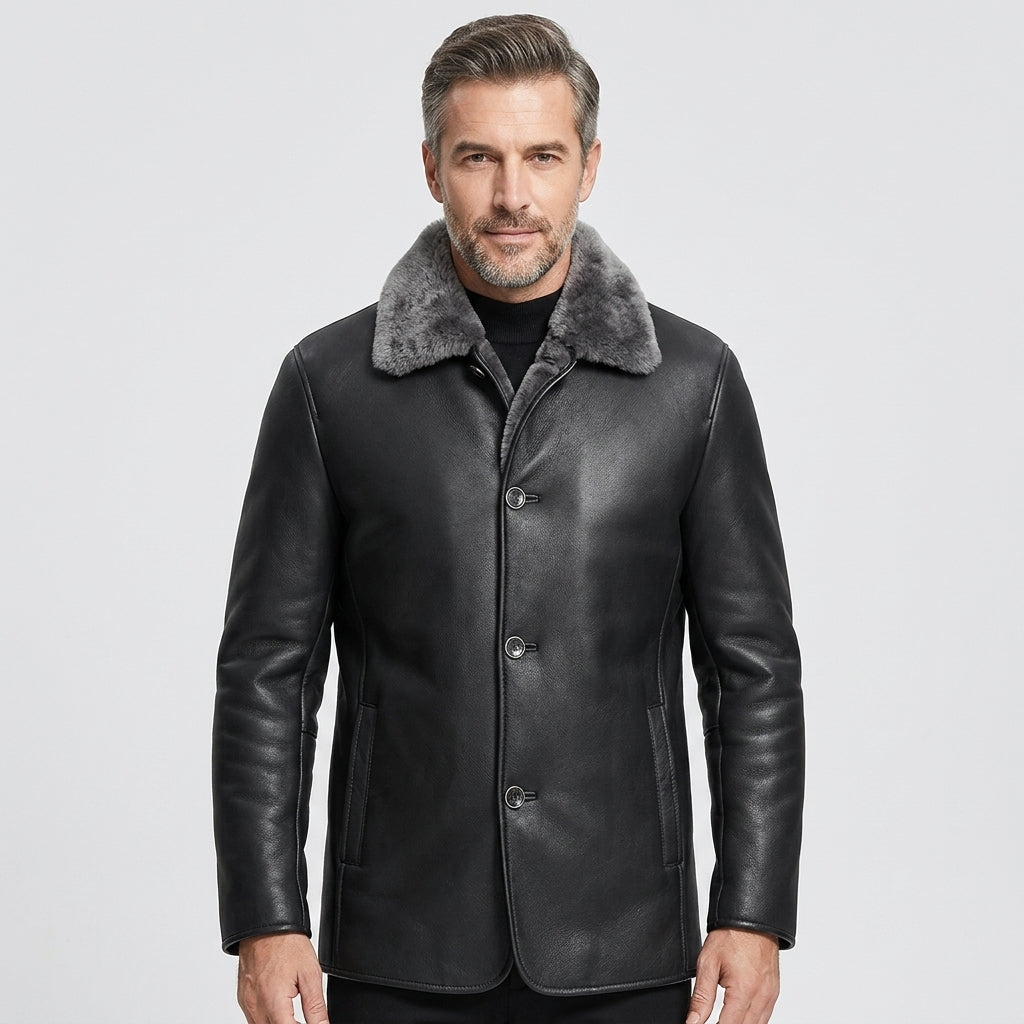 Men's Black Sheepskin Shearling Fur Leather Coat Jacket