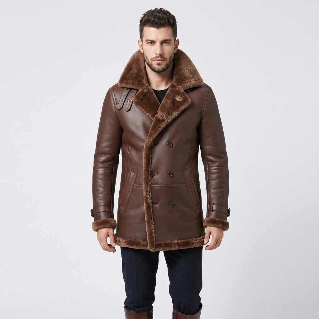 Men's Brown Double-Breasted Sheepskin Shearling Coat