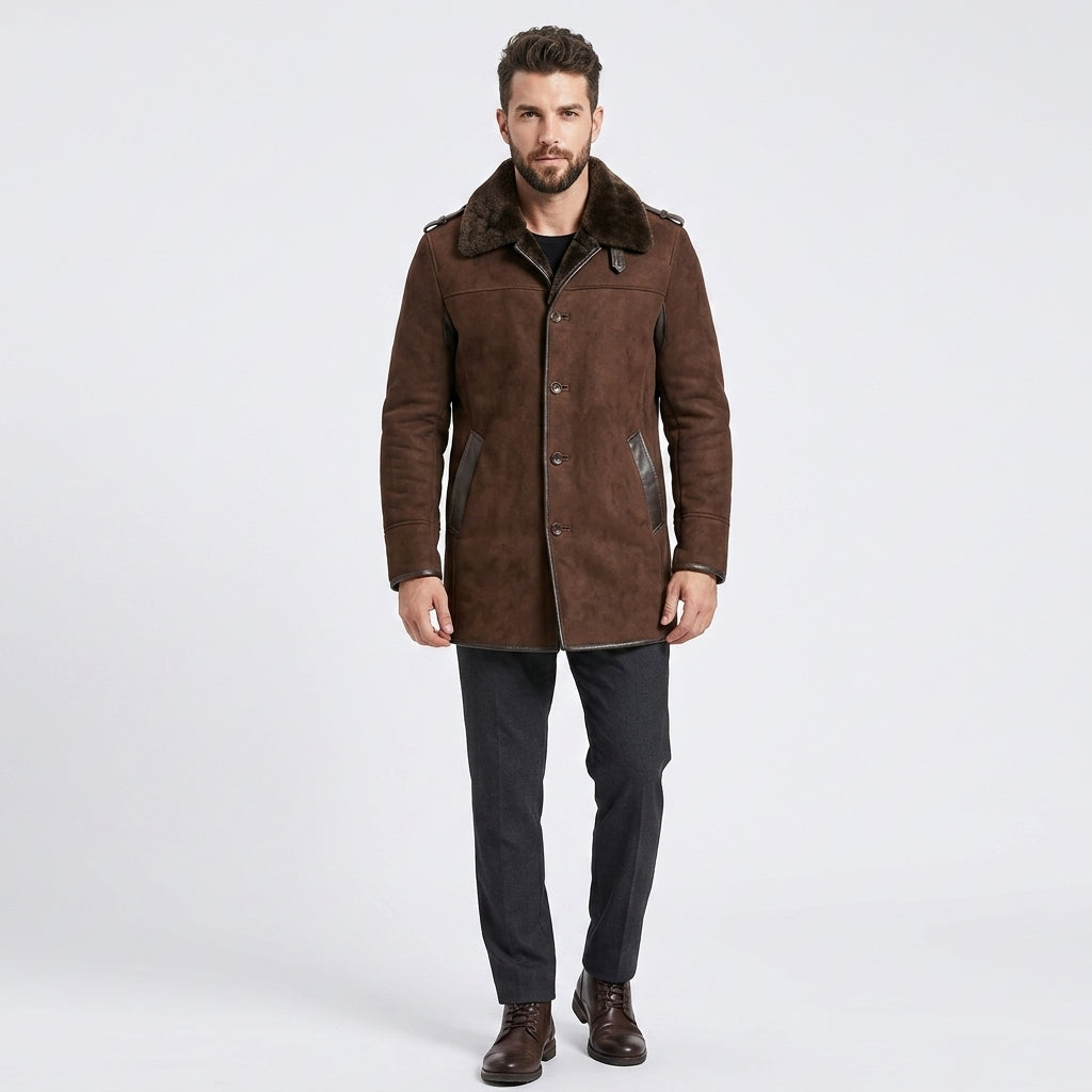 Men's Brown Shearling-Lined Leather Coat