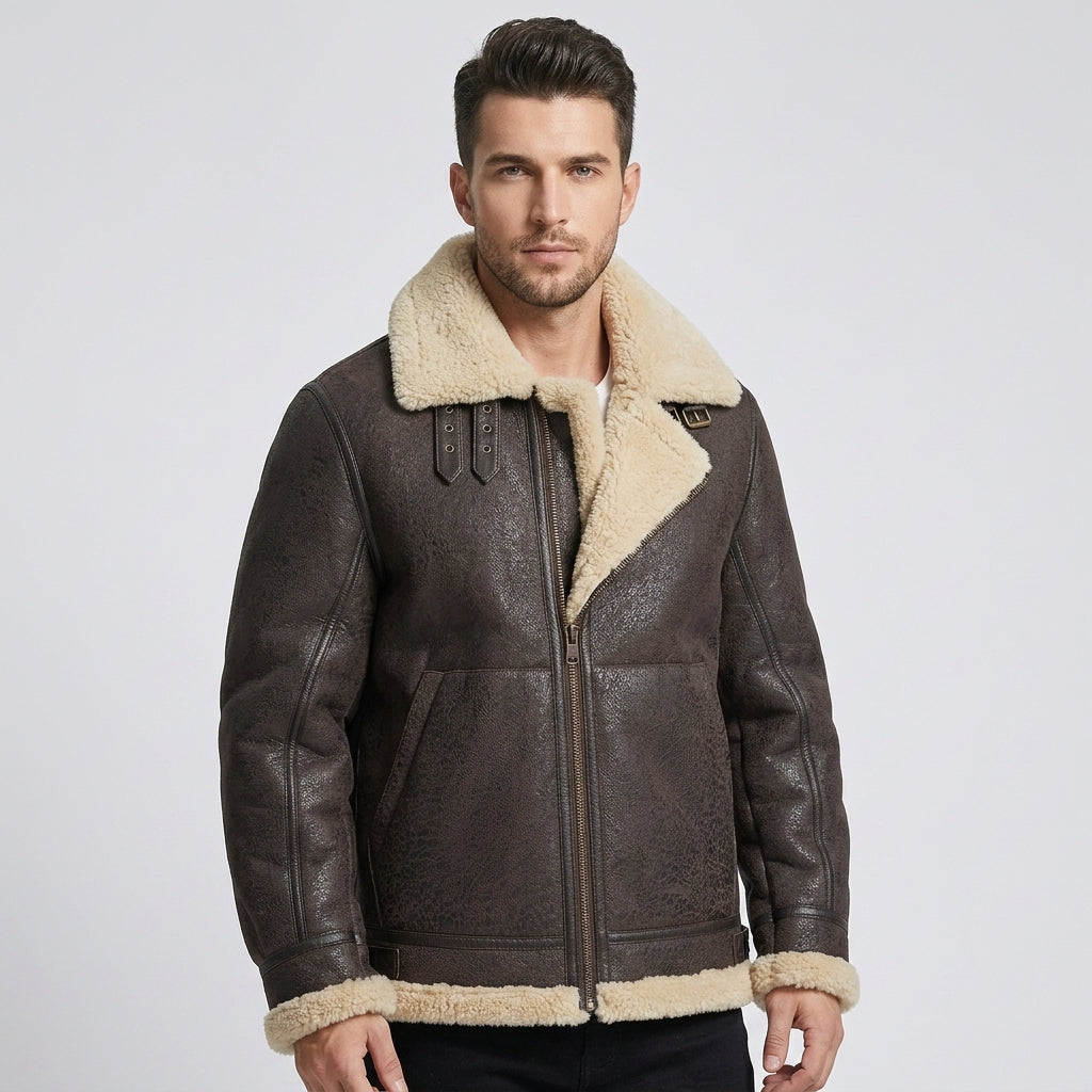Men's Brown Distressed Sheepskin Leather Aviator Coat