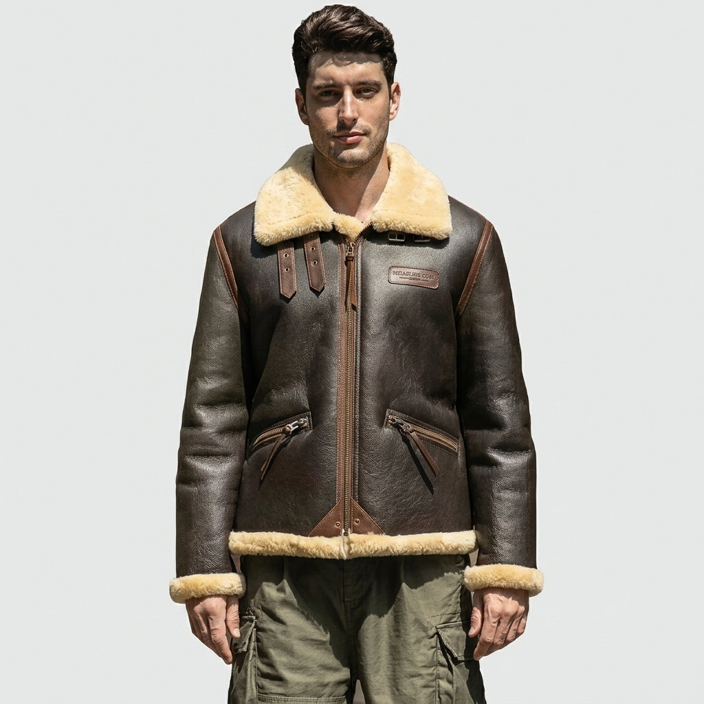 Men's Brown Sheepskin Flight Jacket with Sheepskin Lining