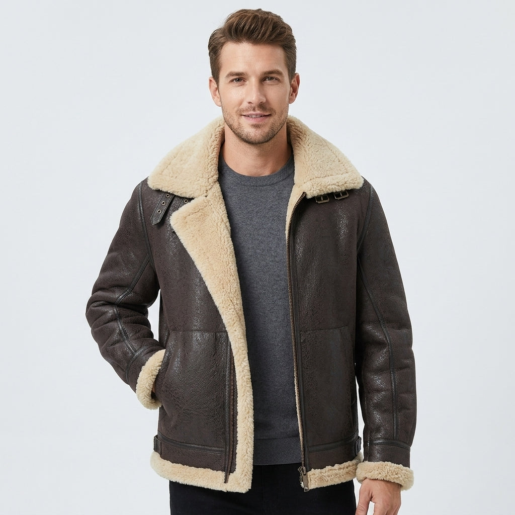 Men's Brown Sheepskin Aviator Coat with Shearling Lining