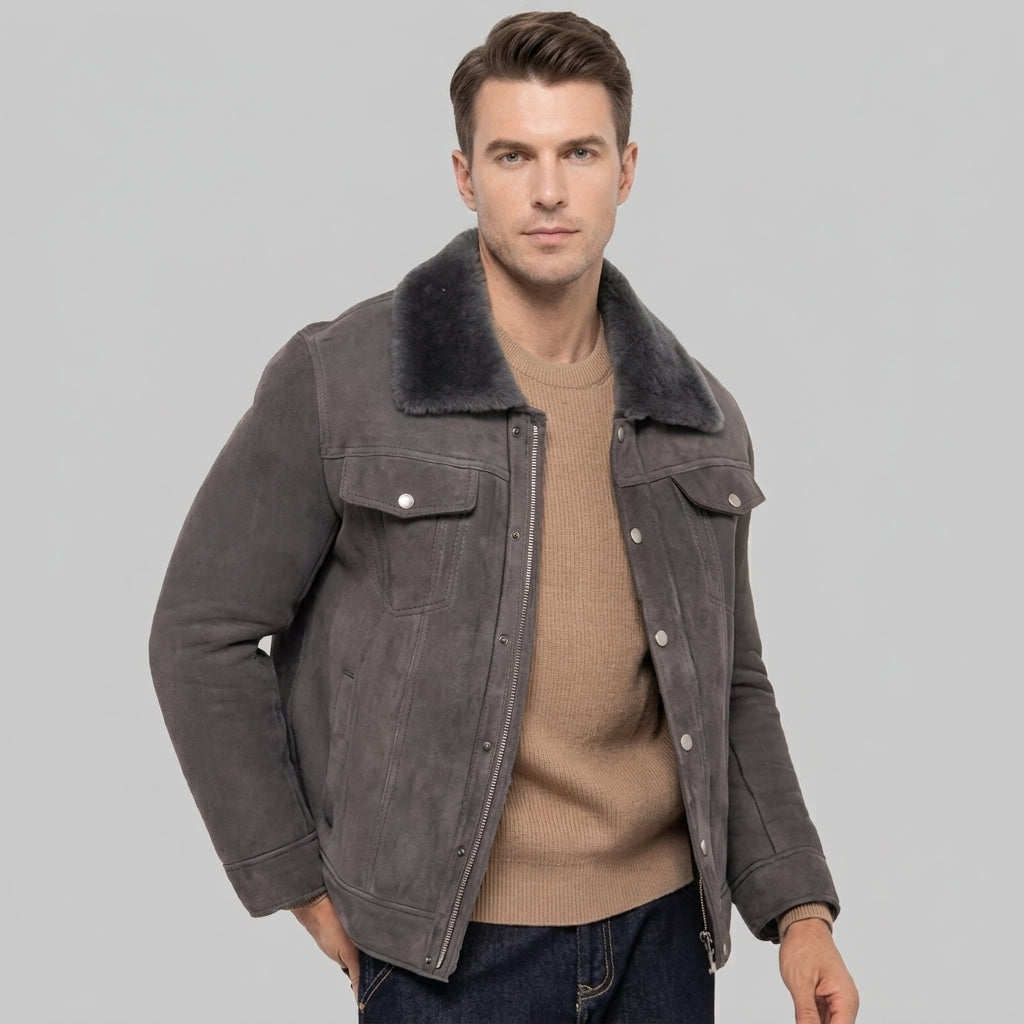 Men's Grey Sheepskin Shearling Leather Coat
