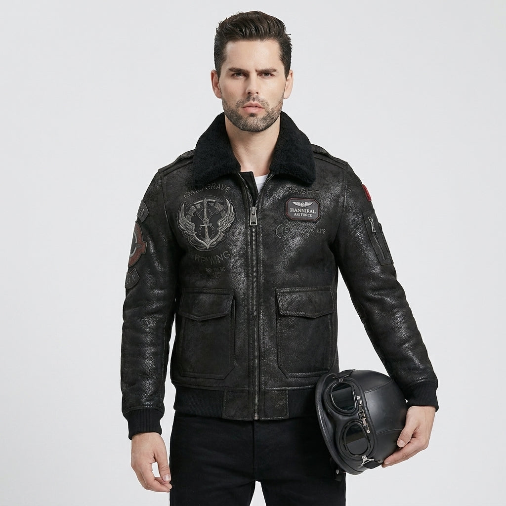 Men's Black Sheepskin Aviator Leather Jacket