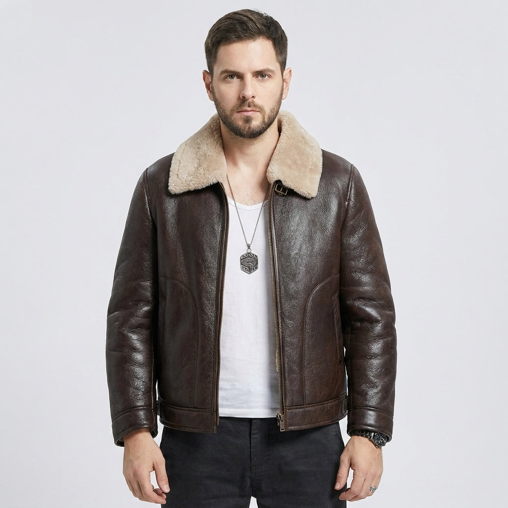 Men's B3 Brown Shearling Leather Jacket Classic Aviator Bomber