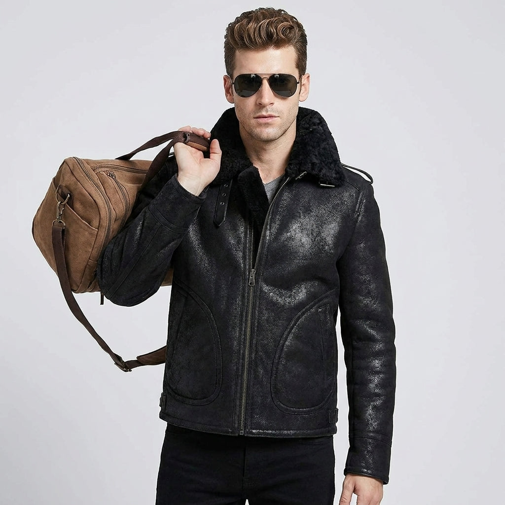 Men's Black Shearling Aviator Pilot Leather Jacket