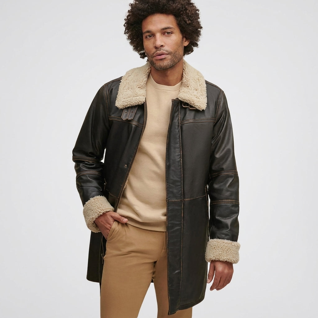Men's Brown Sheepskin Fur Aviator Leather Jacket – Classic B3 Flight Coat
