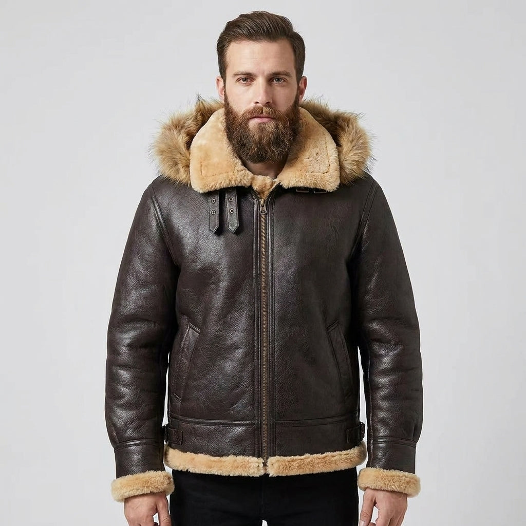 Men's Genuine Shearling Sheepskin Aviator Bomber Leather Jacket