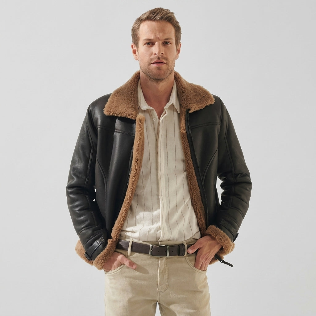 Men's Black Leather Shearling Jacket – Brown Sheepskin Collar