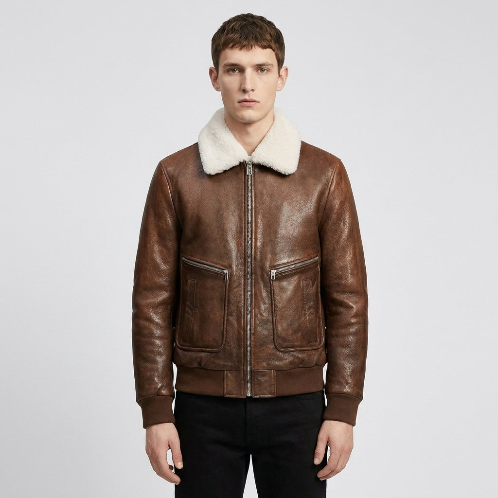 Men's Brown Leather Shearling Jacket – Premium Winter Jacket