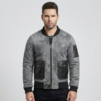 Men's Grey Shearling Jacket with Black Leather Patch Pockets