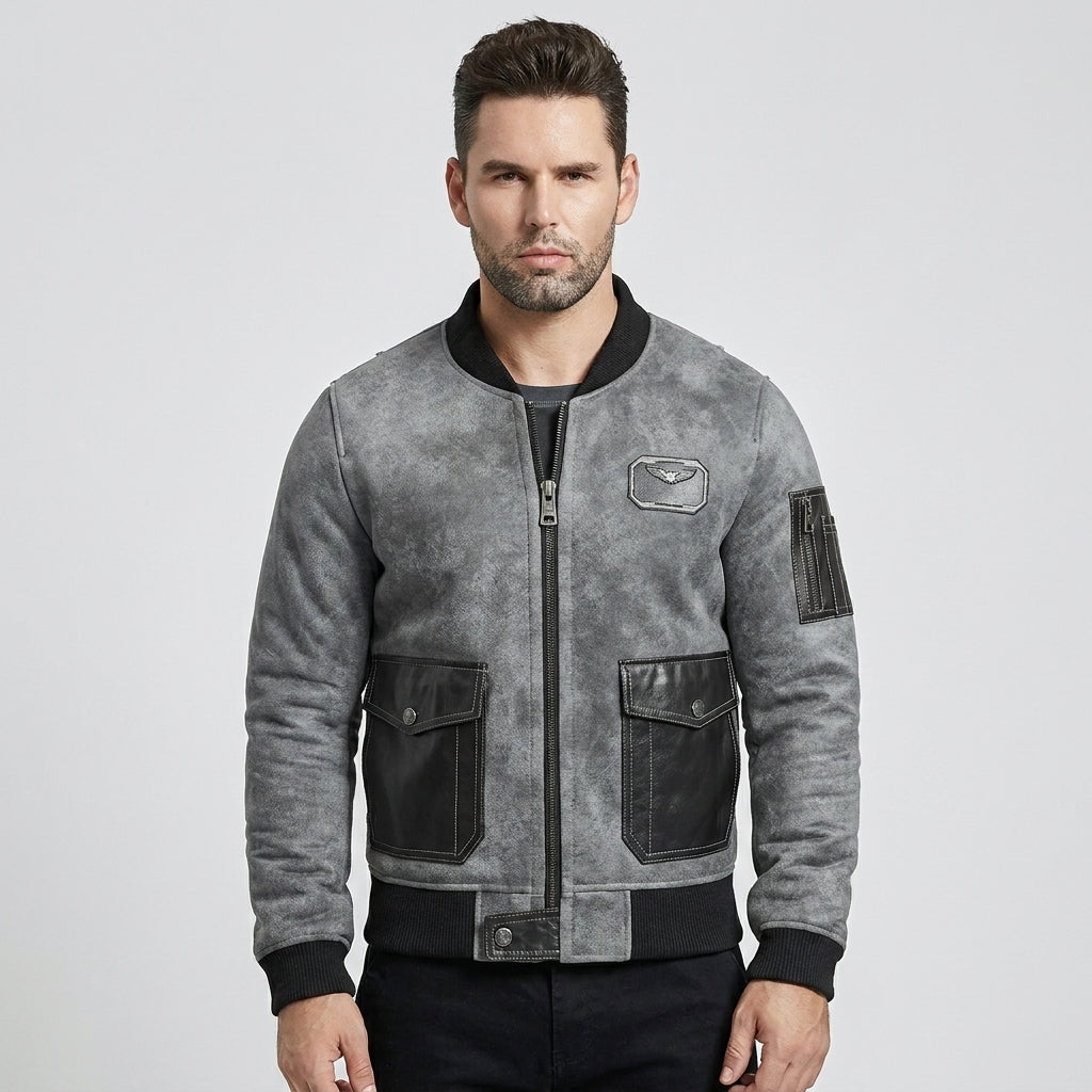 Men's Grey Shearling Jacket with Black Leather Patch Pockets