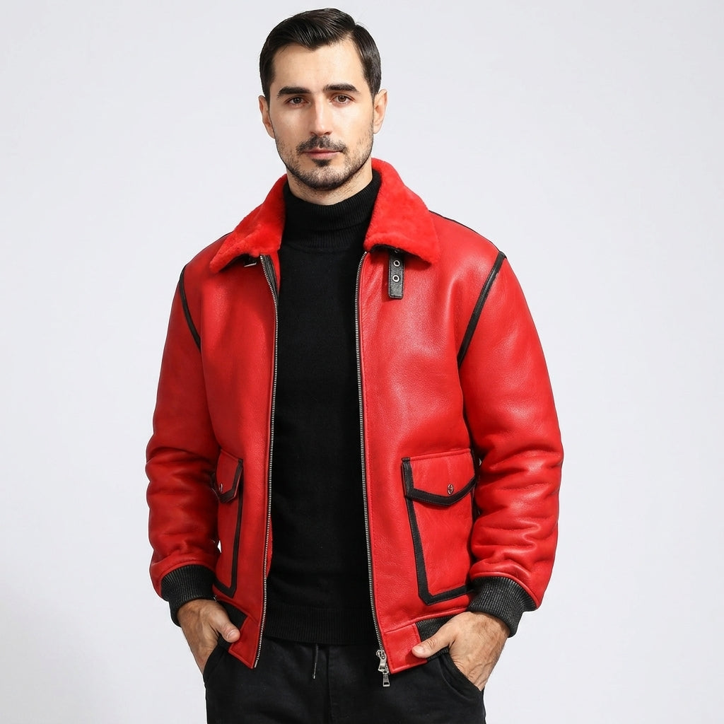 Men's Red Shearling Jacket with Black Trim & Buckle Collar