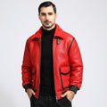 Men's Red Shearling Jacket with Black Trim & Buckle Collar