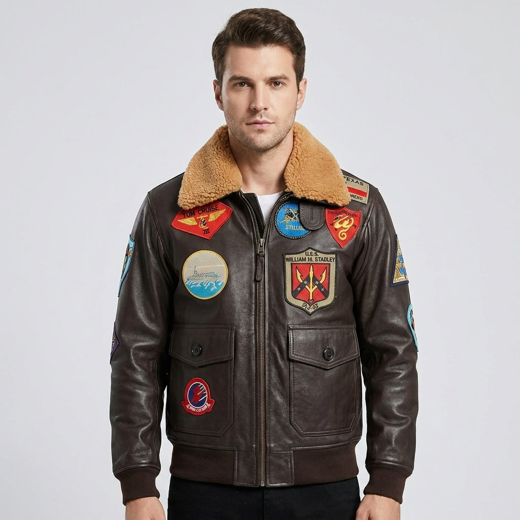 Men's Leather Jacket with Removable Mouton Shearling Collar