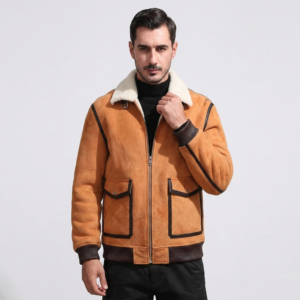 Men's Suede Shearling Aviator Jacket with White Collar