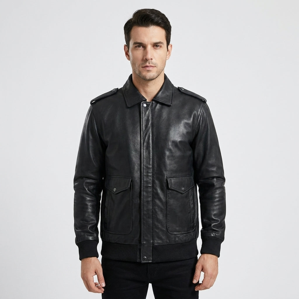 Men's Black Lambskin Leather A-2 Flight Bomber Jacket
