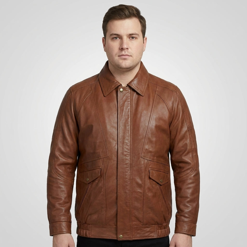 Men's Brown Genuine Leather Bomber Jacket