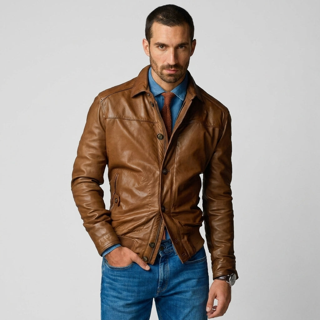 Men's Brown Lambskin Leather Bomber Jacket with Shirt Collar