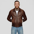 Men's Brown Leather Bomber Jacket with Dark Suede Panels