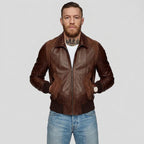 Men's Brown Leather Bomber Jacket with Dark Suede Panels