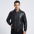 Men's Military Leather Bomber Jacket with Spread Collar & Ribbed Cuffs