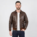 Men's Brown Lightweight Leather Flight Bomber Jacket with Ribbed Waistband