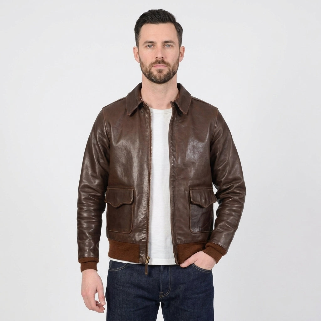 Men's Brown Lightweight Leather Flight Bomber Jacket with Ribbed Waistband