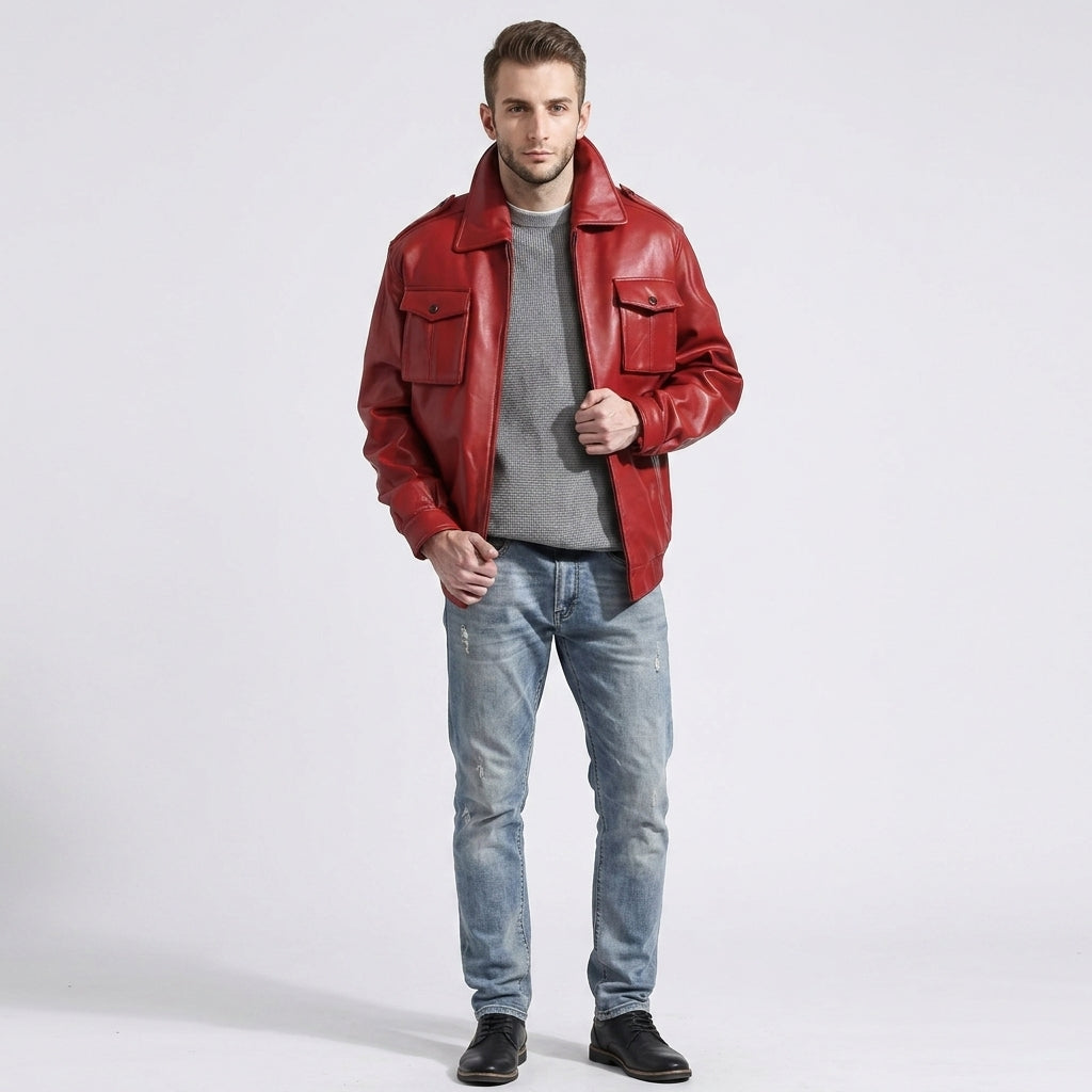 Men's Red Real Leather Bomber Jacket – Premium Fashion Style