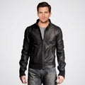 Men's Stylish Sheepskin Leather Bomber Jacket with Stand Collar